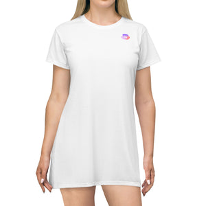 Minimal Pastel Galaxy T-Shirt Dress — Subtle Chest Emblem, Casual Summer Dress